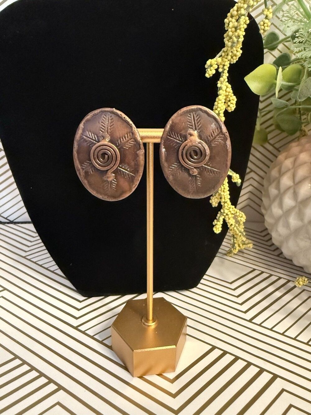 Artisan Native Stamped Etched Pierced Earrings - Copper Tone